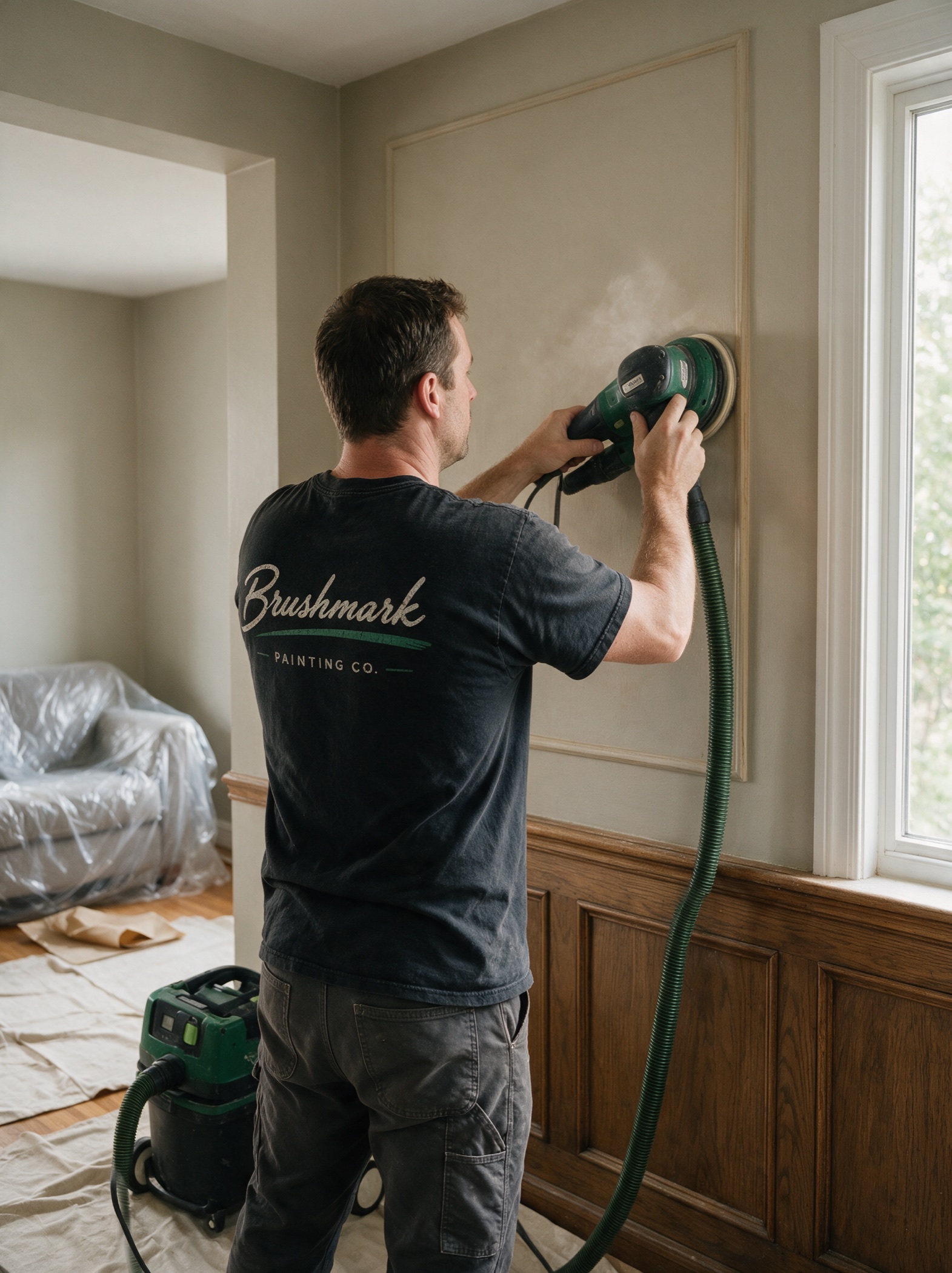 Brushmark painter using a dust-extracted orbital sander in a protected Niagara home