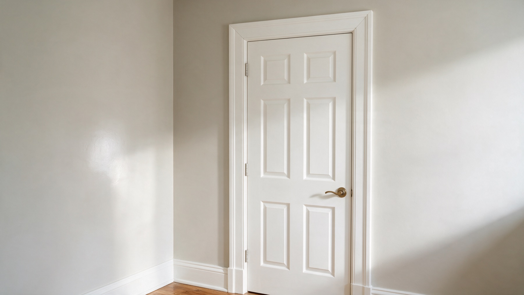 Bright white panelled door and mitred casing against a contrasting warm-greige wall